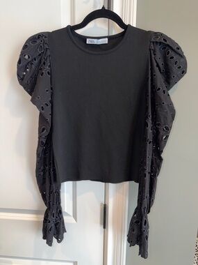 Zara Black Puff-Sleeve Eyelet Tee